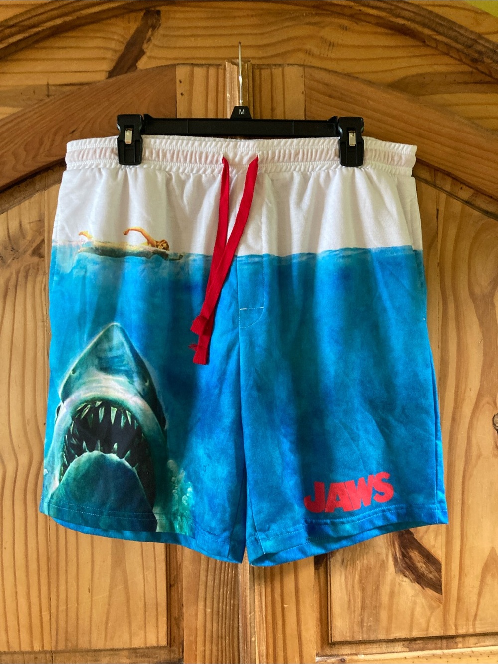 Men Jaws blue white athletic lightweight sweatshorts size L
